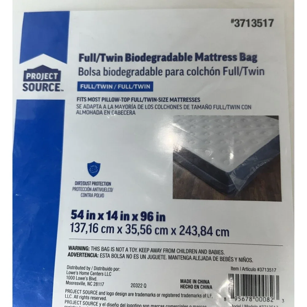 2 Project Source Full/ Twin Biodegradable Mattress Bags 54 in X 14 in X 96 in
